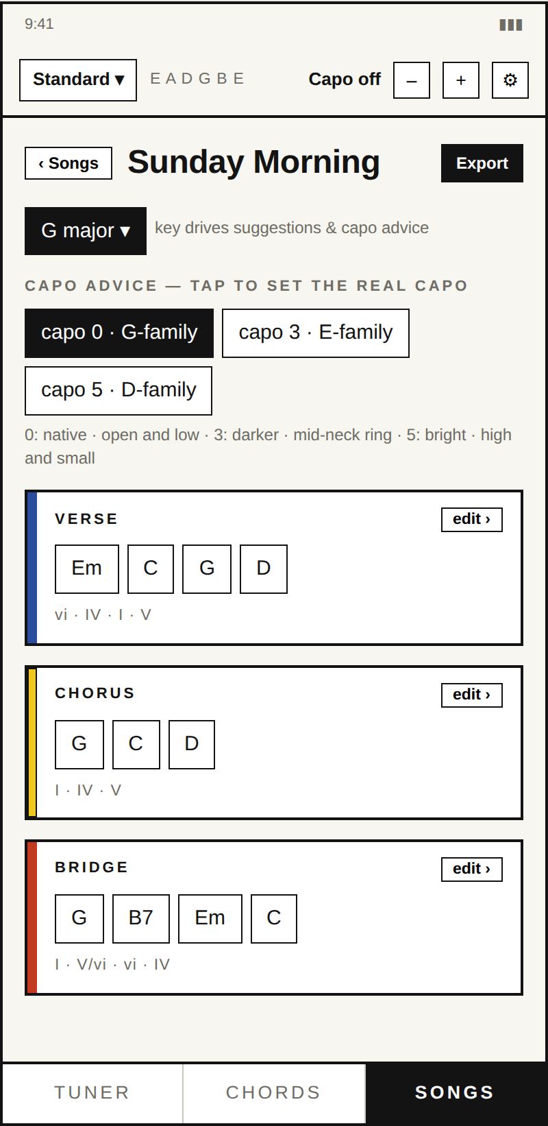 Song editor with verse, chorus, and bridge blocks and capo advice